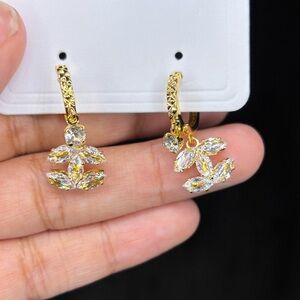 Gold Zirconia Drop Hoop Earrings - Women's Jewelry Small Size NEW Very Sparkly